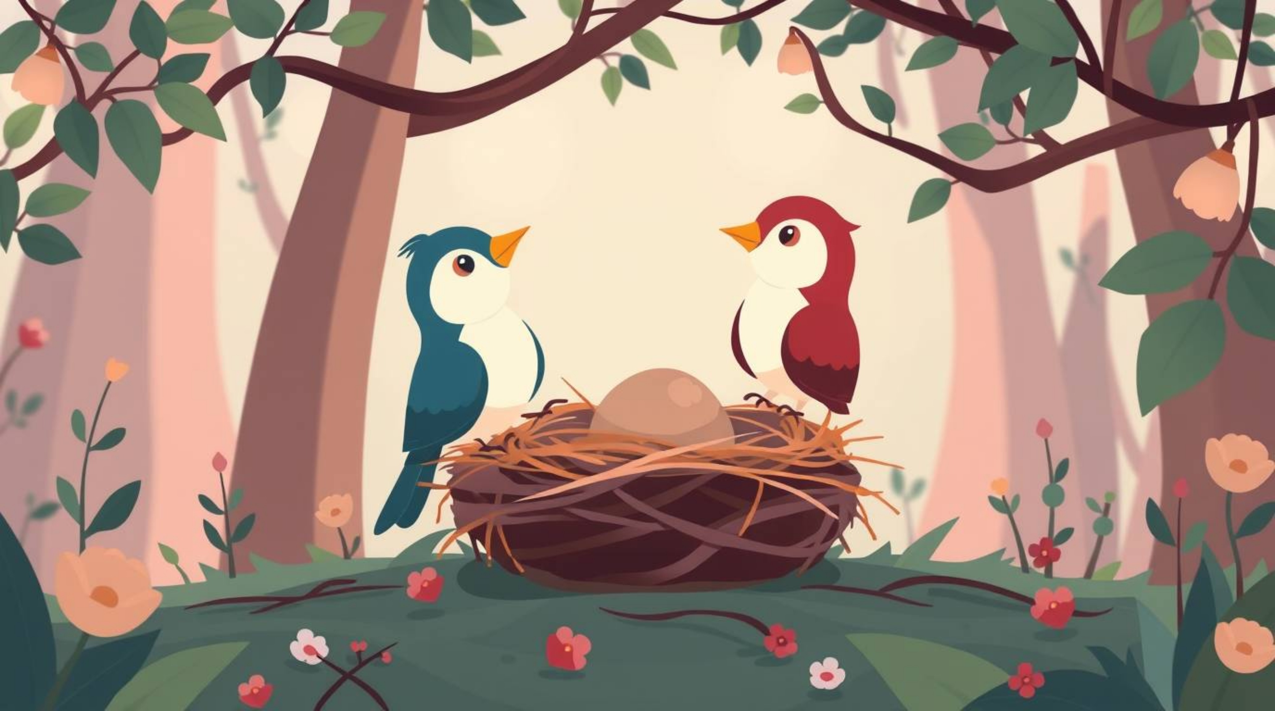 This modern flat design illustration depicts two cartoon birds diligently building a nest in a classic animation style. The s
