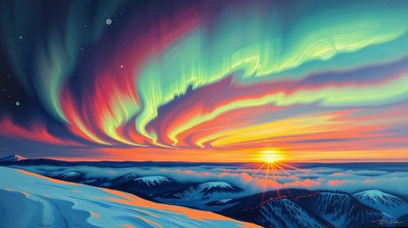 A captivating high-angle acrylic painting depicts the vibrant Northern Lights emerging over a breathtaking sunset sky.  The b