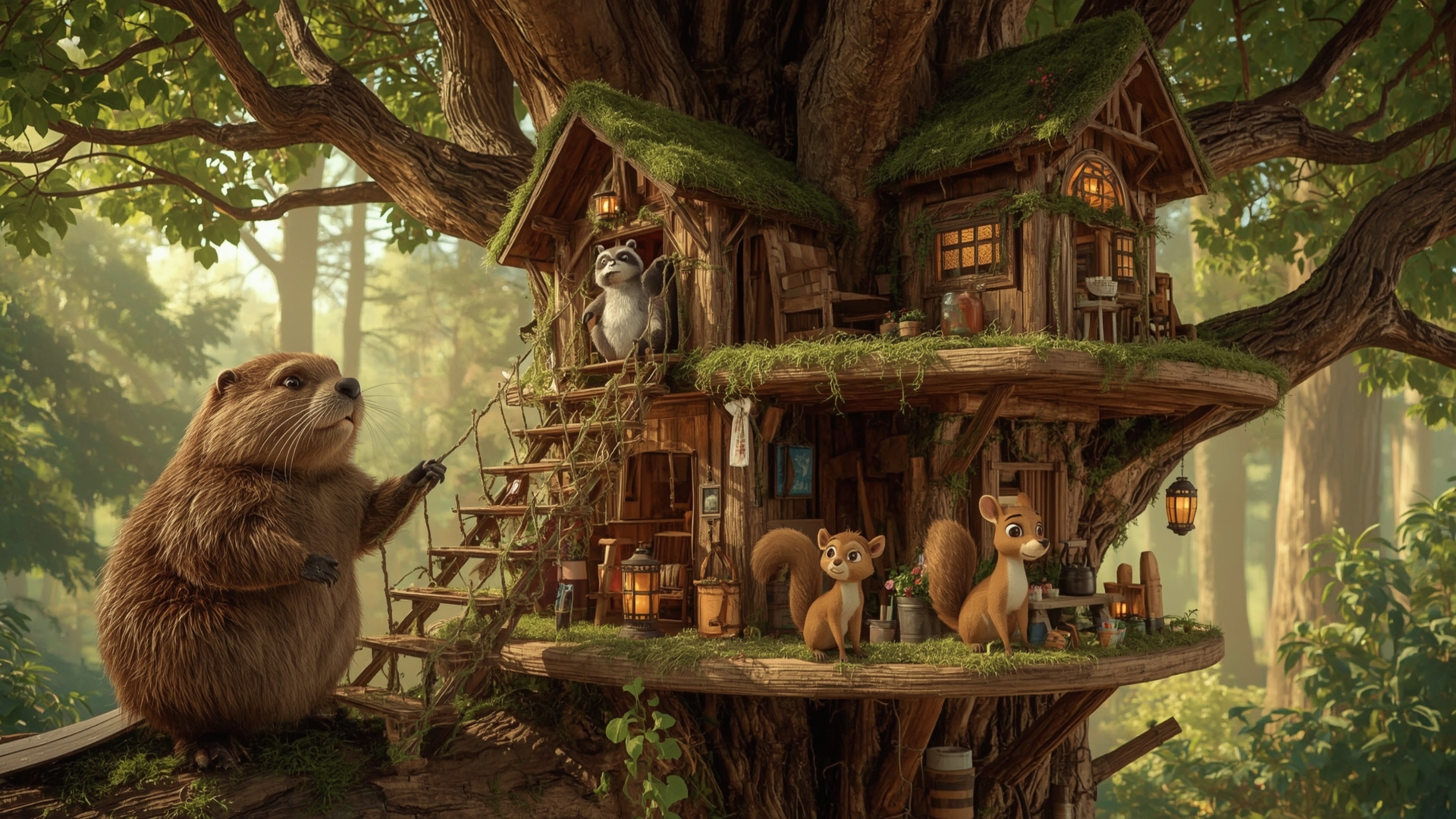 A highly detailed, high-resolution stock photo, reminiscent of Pixar's whimsical style, shows a busy beaver constructing the