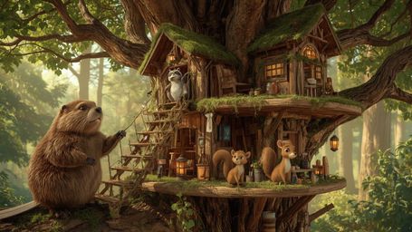 A highly detailed, high-resolution stock photo, reminiscent of Pixar's whimsical style, shows a busy beaver constructing the