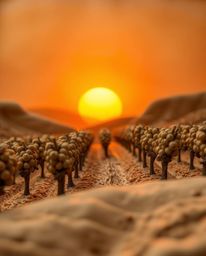 This sculptural clay art piece depicts a serene sunset over a vineyard, rendered with a soft focus and a hazy background. The