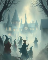 Immerse yourself in a magical world with this depiction of a wizard school nestled within a thick, enchanting fog. The scene 