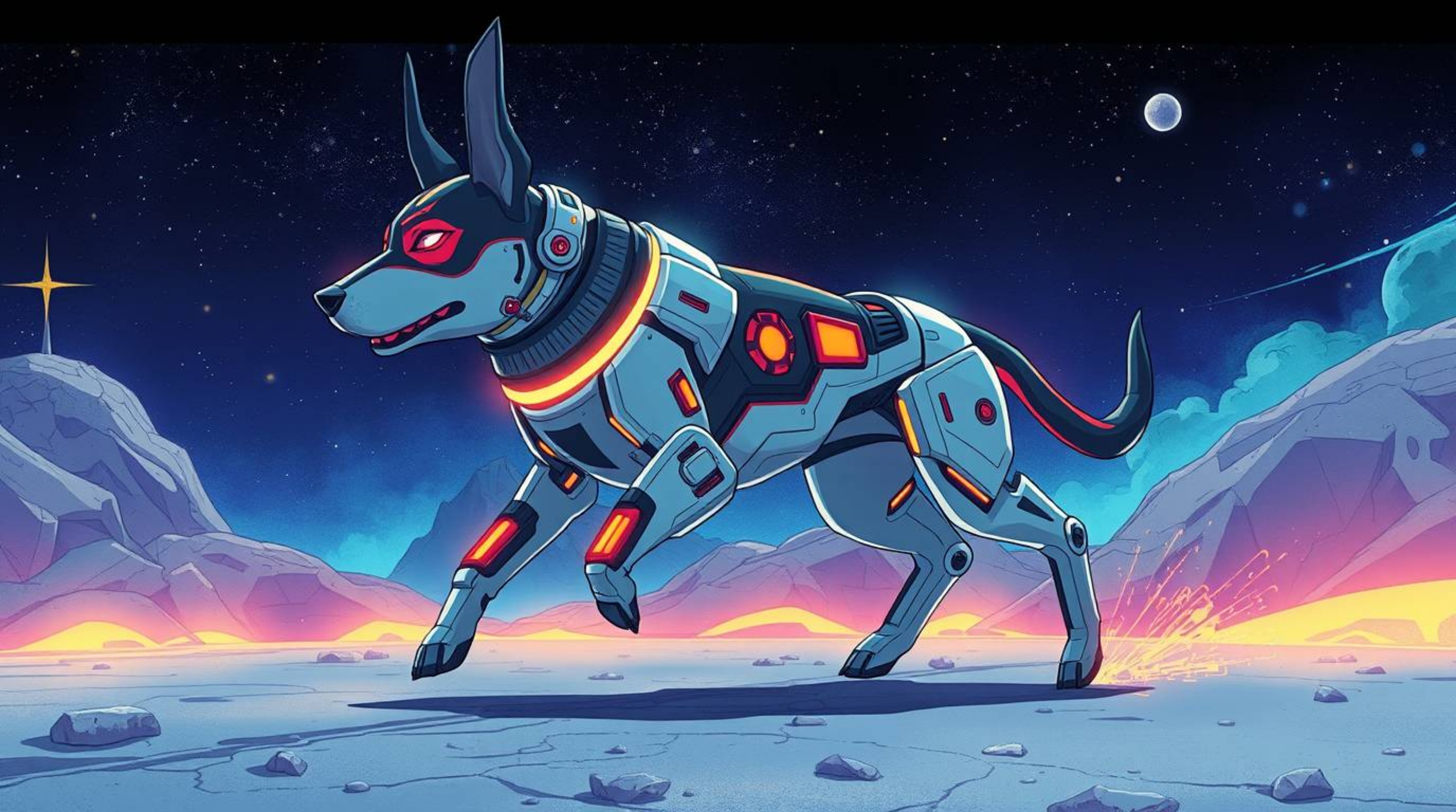 A futuristic dog strolls through the cosmos in this expressive Isekai anime artwork.  Characterized by electric, vibrant colo
