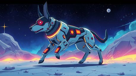 A futuristic dog strolls through the cosmos in this expressive Isekai anime artwork.  Characterized by electric, vibrant colo