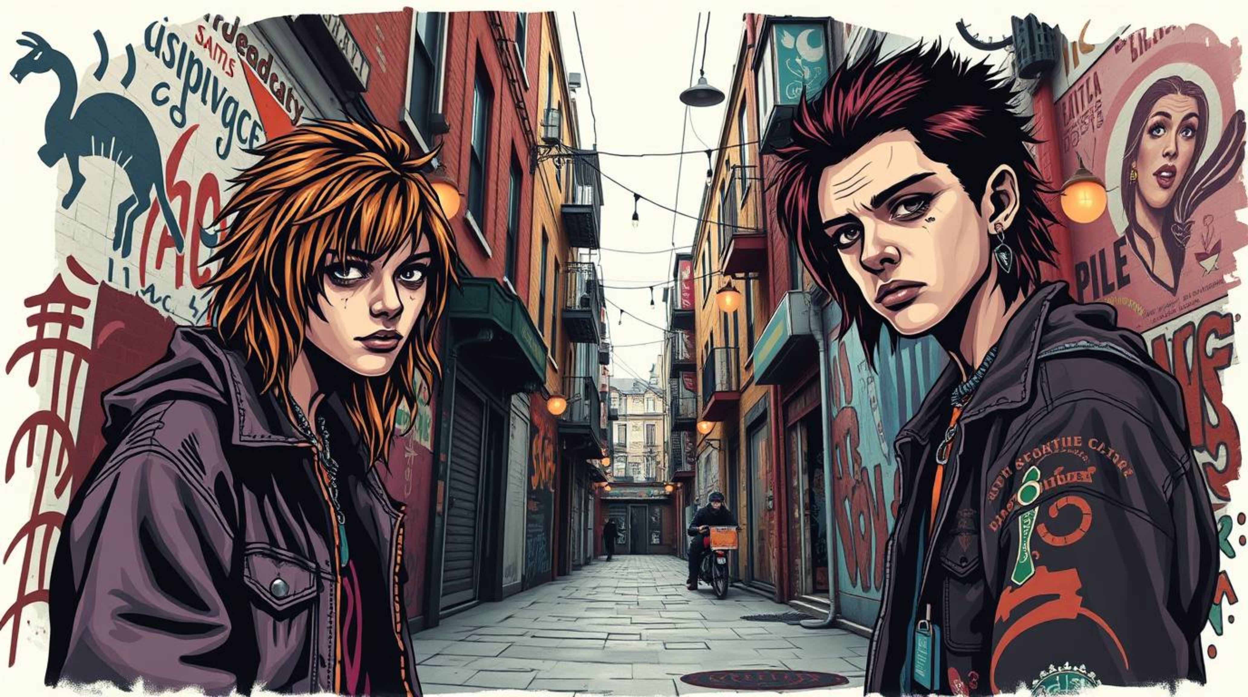 This artwork captures a grungy city alley scene with rebellious teens sporting intense expressions, presented in a moody styl