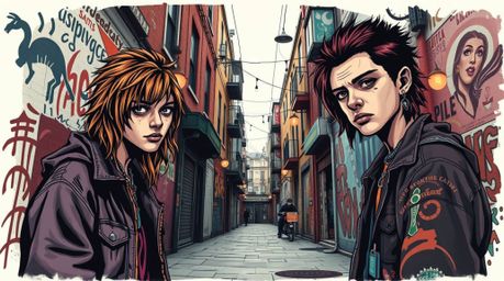 This artwork captures a grungy city alley scene with rebellious teens sporting intense expressions, presented in a moody styl