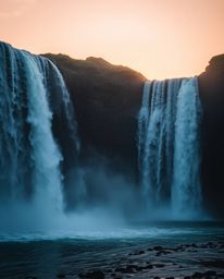 A sun setting behind a dramatic waterfall, creating a mystic and enchanting scene. The image is characterized by gentle color