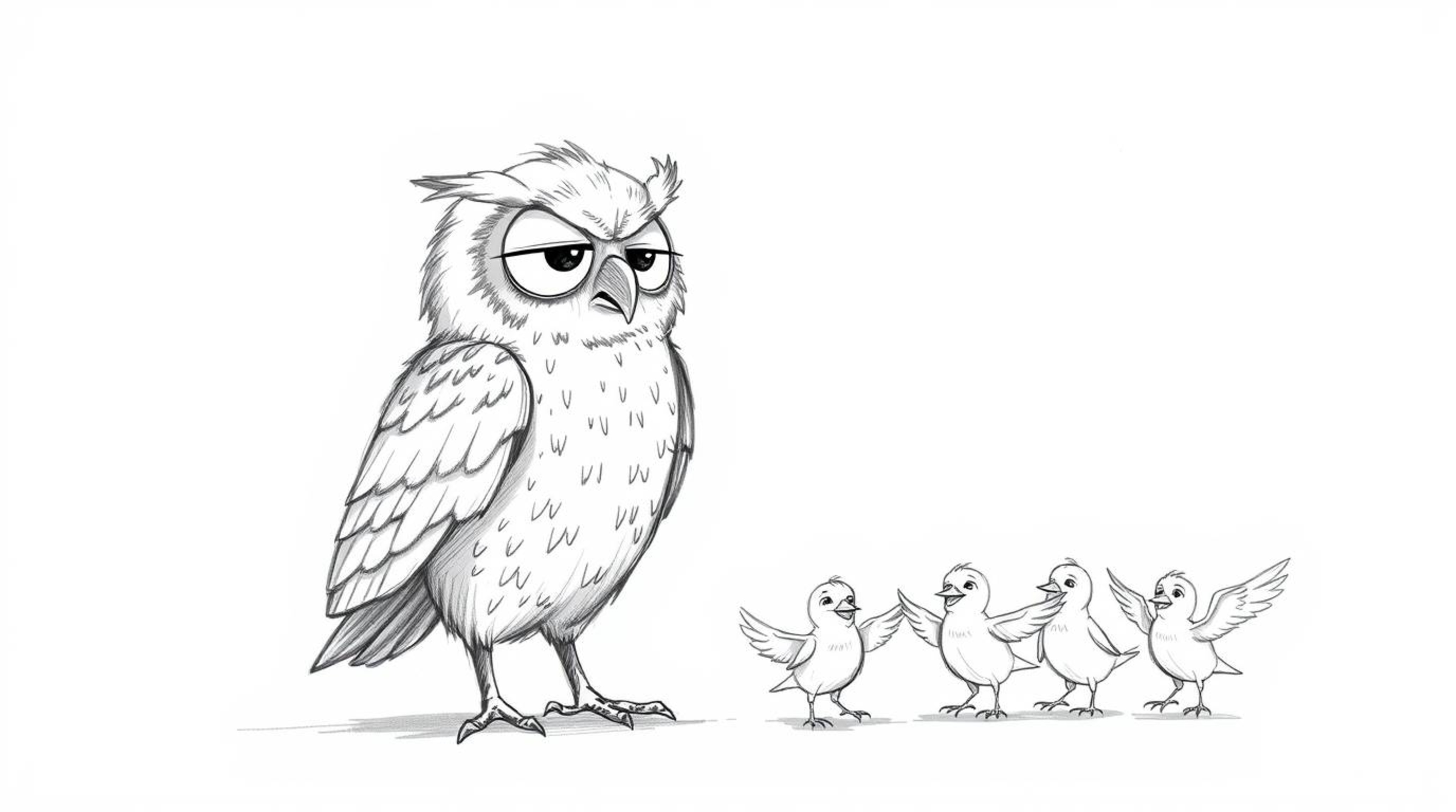 A Pixar-style hand-drawn sketch depicts a wise, blind owl guiding several small birds in flight. The scene emphasizes the bir