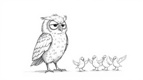 A Pixar-style hand-drawn sketch depicts a wise, blind owl guiding several small birds in flight. The scene emphasizes the bir