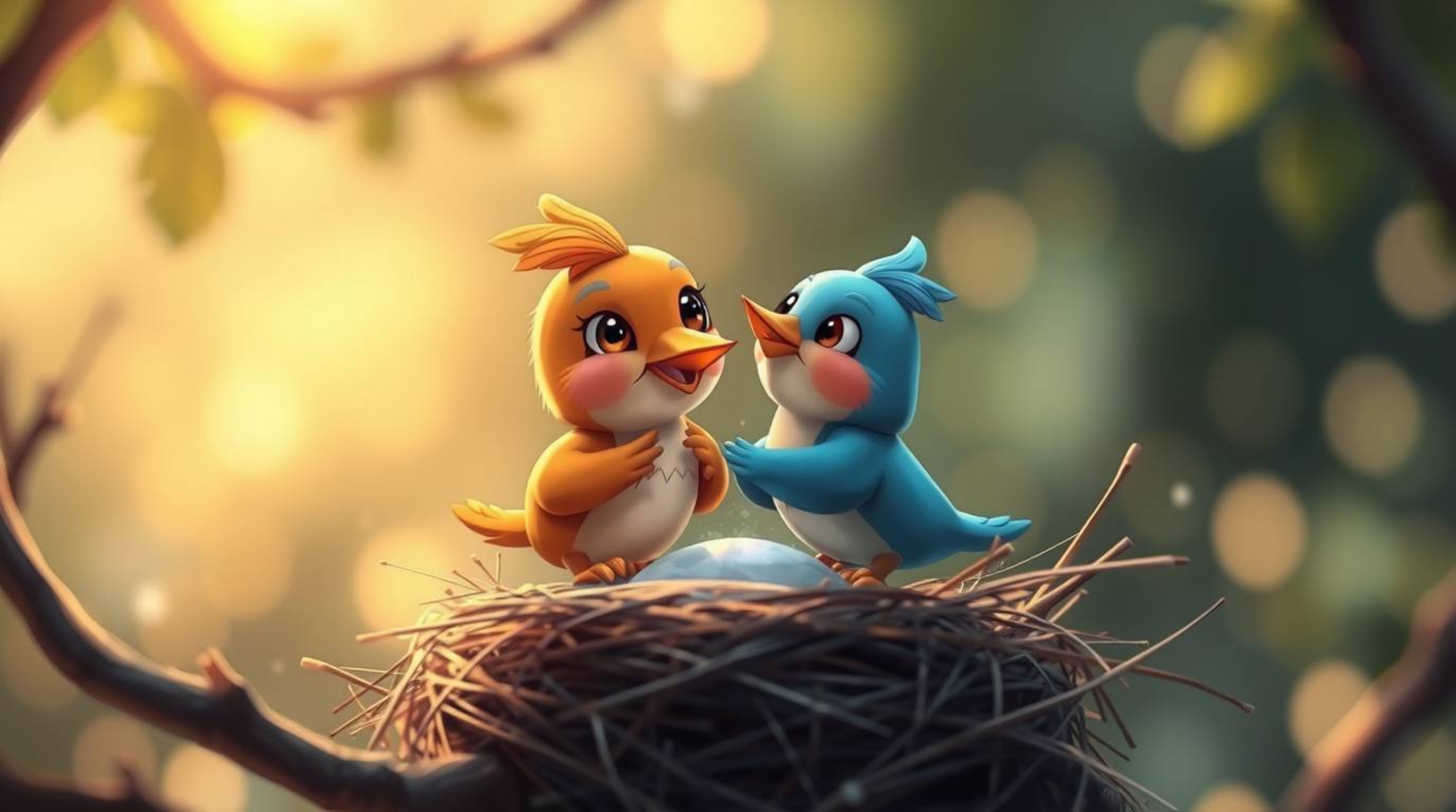 A captivating digital painting showcases two charming cartoon birds diligently constructing their nest.  Rendered in a classi
