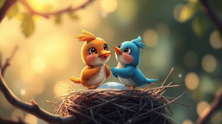 A captivating digital painting showcases two charming cartoon birds diligently constructing their nest. Rendered in a classi