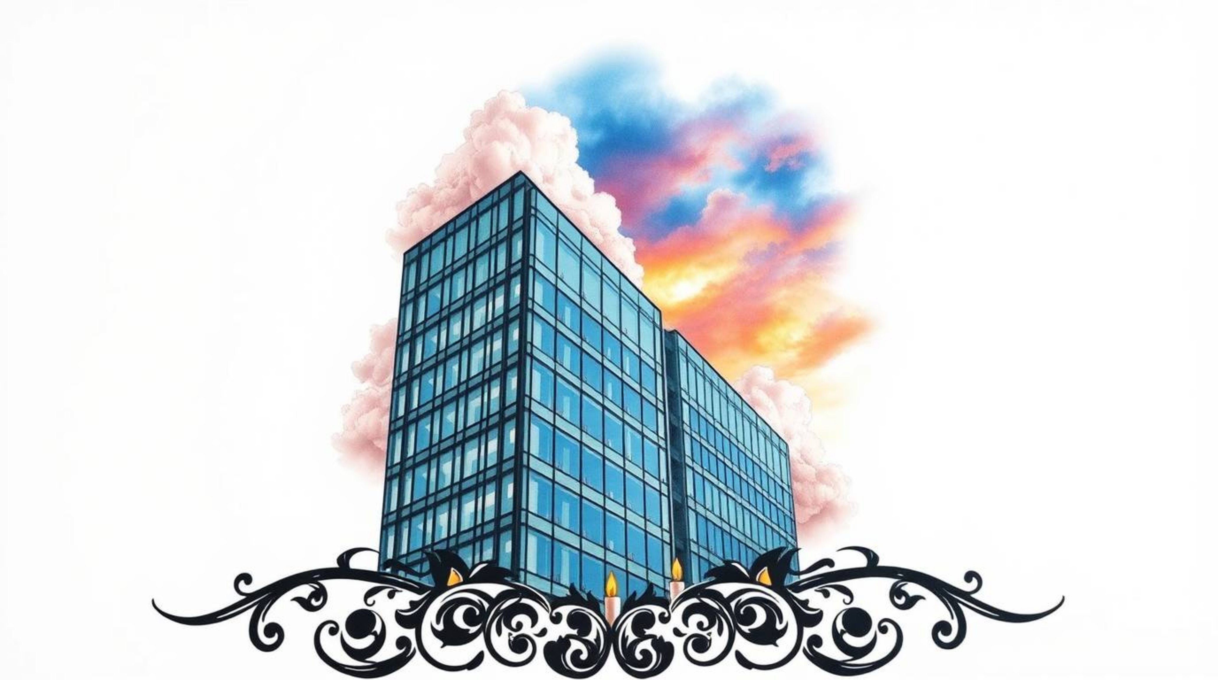 This symbolic tattoo art print features a modern glass building seemingly dissolving into a vibrant, colored sky filled with 