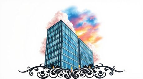 This symbolic tattoo art print features a modern glass building seemingly dissolving into a vibrant, colored sky filled with 