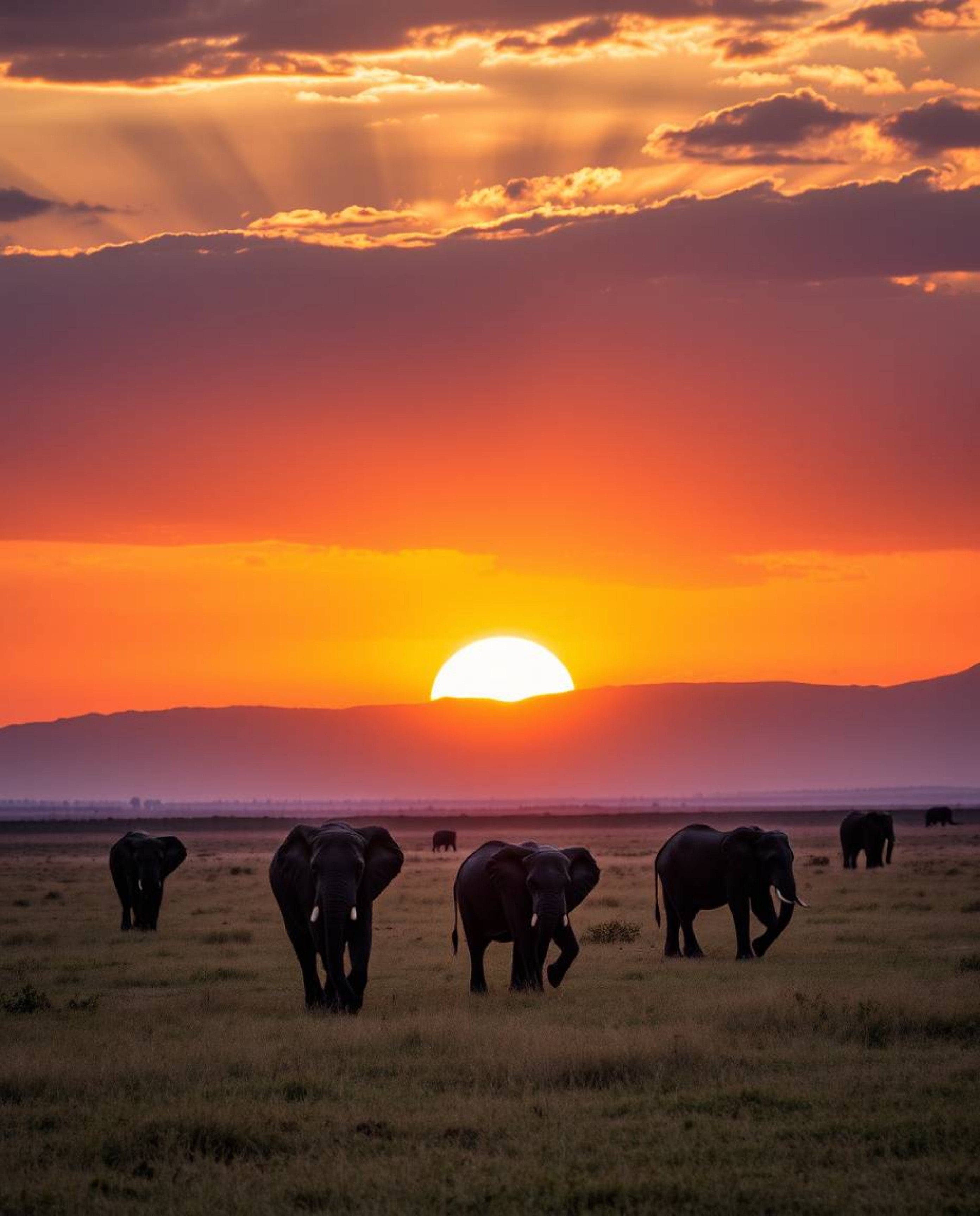 A strong, hard light dramatically splits a sunset scene featuring elephants walking across a field. This creates a compositio