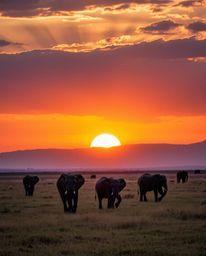 A strong, hard light dramatically splits a sunset scene featuring elephants walking across a field. This creates a compositio