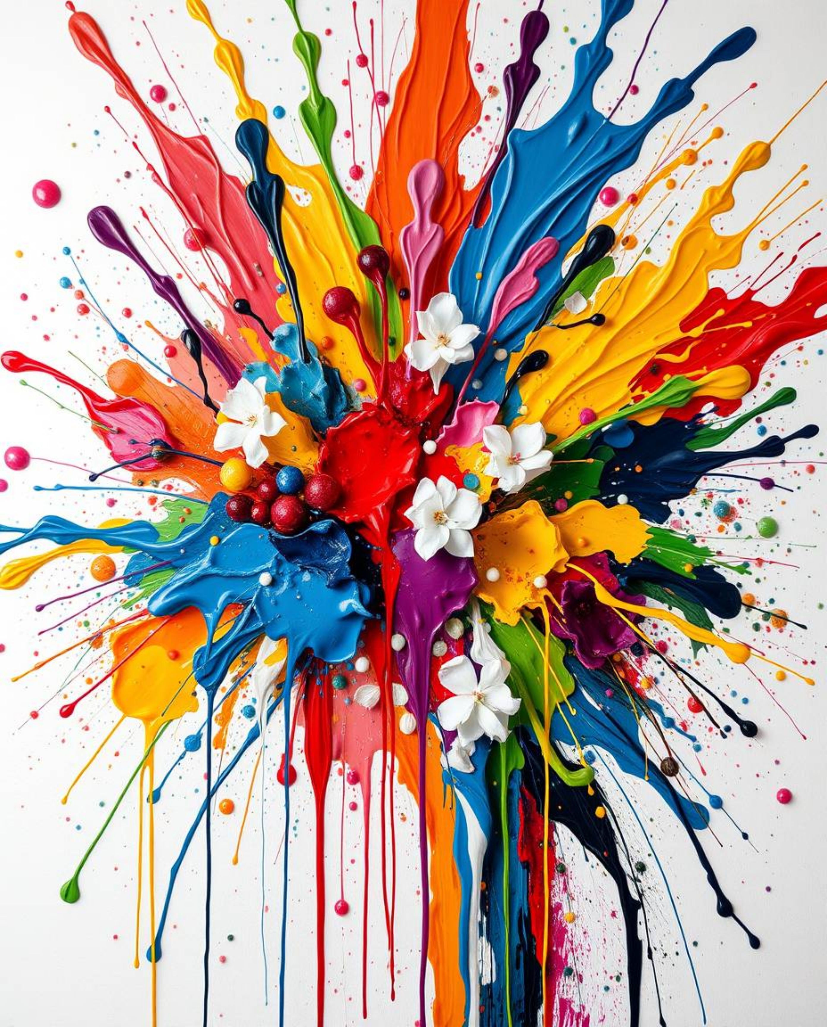 Witness a vibrant explosion of colorful paint splashes against a pristine white canvas, rendered in exquisite high detail. Th