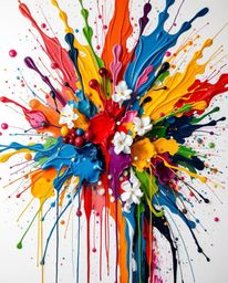 Witness a vibrant explosion of colorful paint splashes against a pristine white canvas, rendered in exquisite high detail. Th