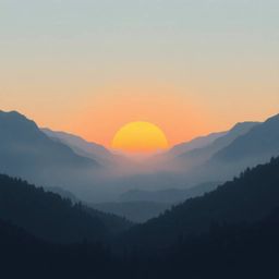 A modern, flat design illustration depicting a serene sunset over a quiet mountain valley.  Thick fog creates a low-visibilit