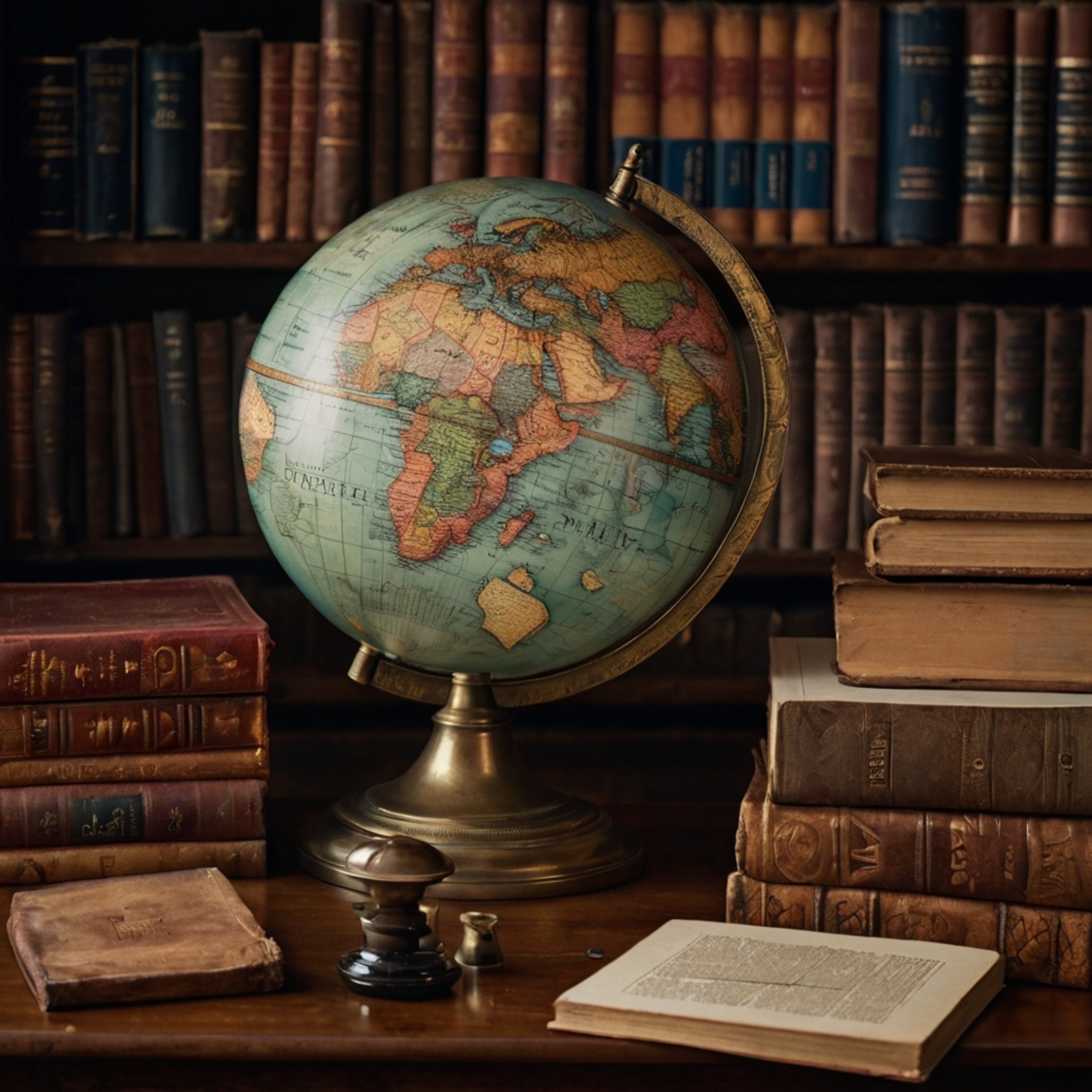 Capture the charm of a bygone era with this image featuring a vintage globe displaying faded countries, carefully positioned 