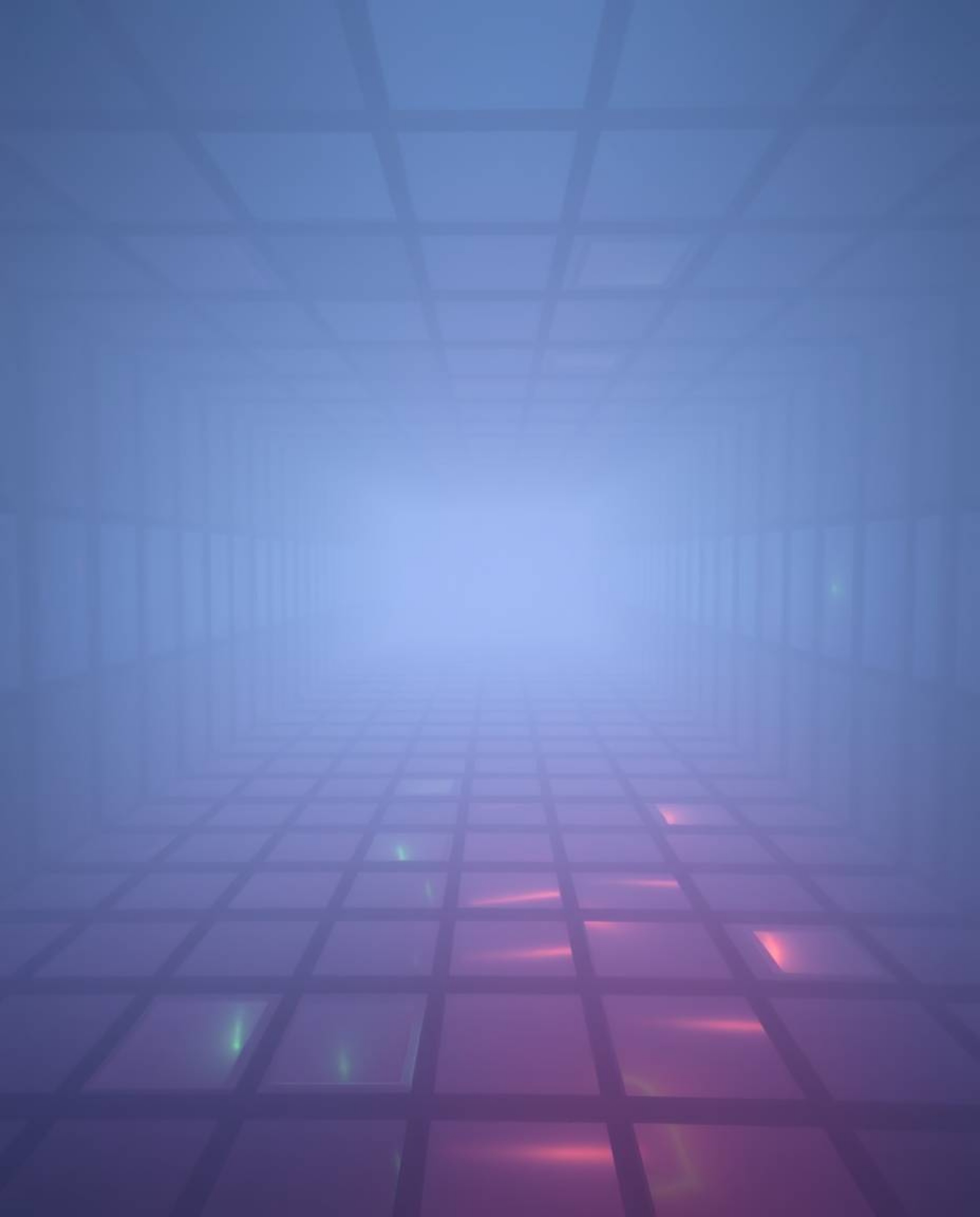 Iridescent colors shimmer and dance across a dense, foggy landscape, revealing a repeating Escher-inspired impossible cube de