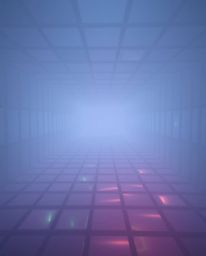 Iridescent colors shimmer and dance across a dense, foggy landscape, revealing a repeating Escher-inspired impossible cube de