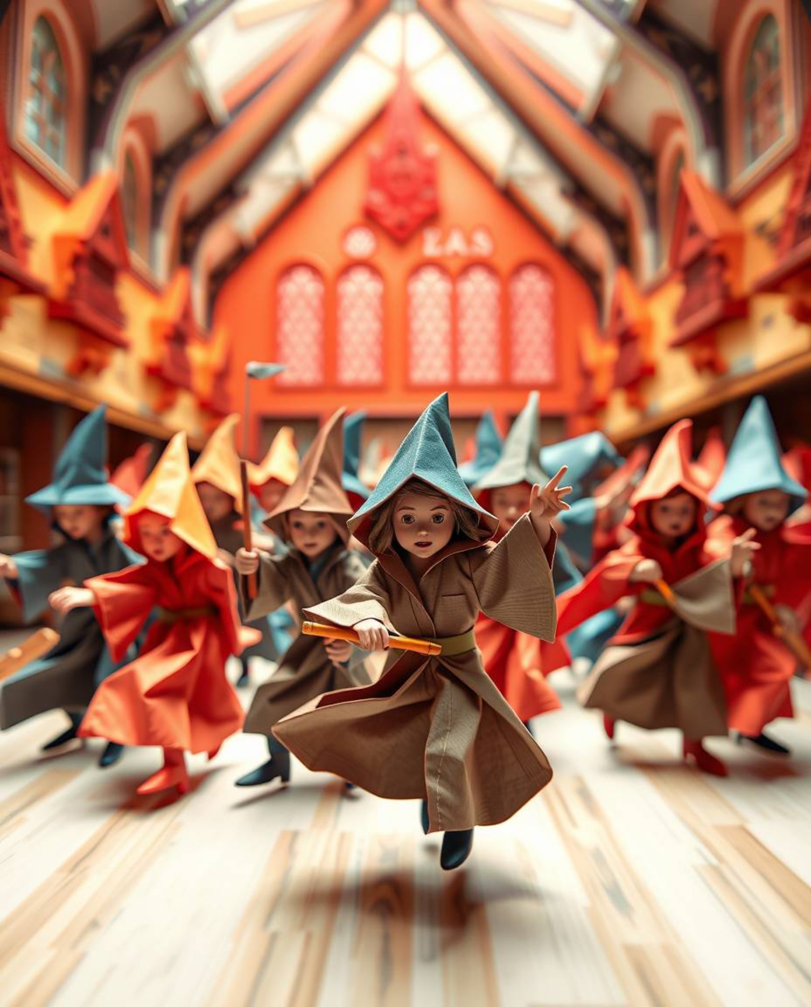 This intricate origami-style dynamic motion image depicts a magical school bustling with young wizards in action poses. The a