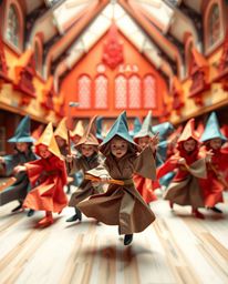 This intricate origami-style dynamic motion image depicts a magical school bustling with young wizards in action poses. The a