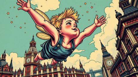 This vibrant retro-style tattoo art print captures a captivating scene of a young boy with light skin and spiky blonde hair s