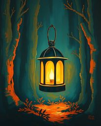 Capture the magic of a glowing lantern illuminating a dark forest in this stunning oil painting style artwork. The warm terra