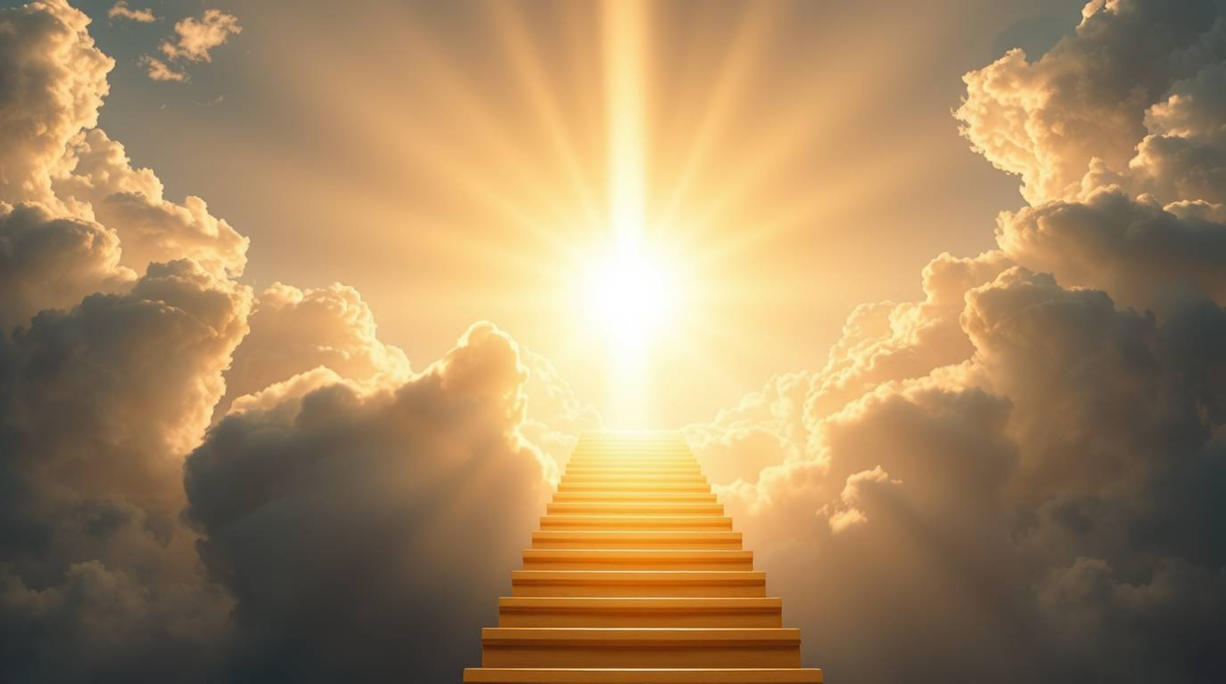 A breathtaking vision unfolds, featuring a golden staircase dramatically rising through swirling clouds towards a radiant hea