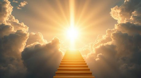 A breathtaking vision unfolds, featuring a golden staircase dramatically rising through swirling clouds towards a radiant hea