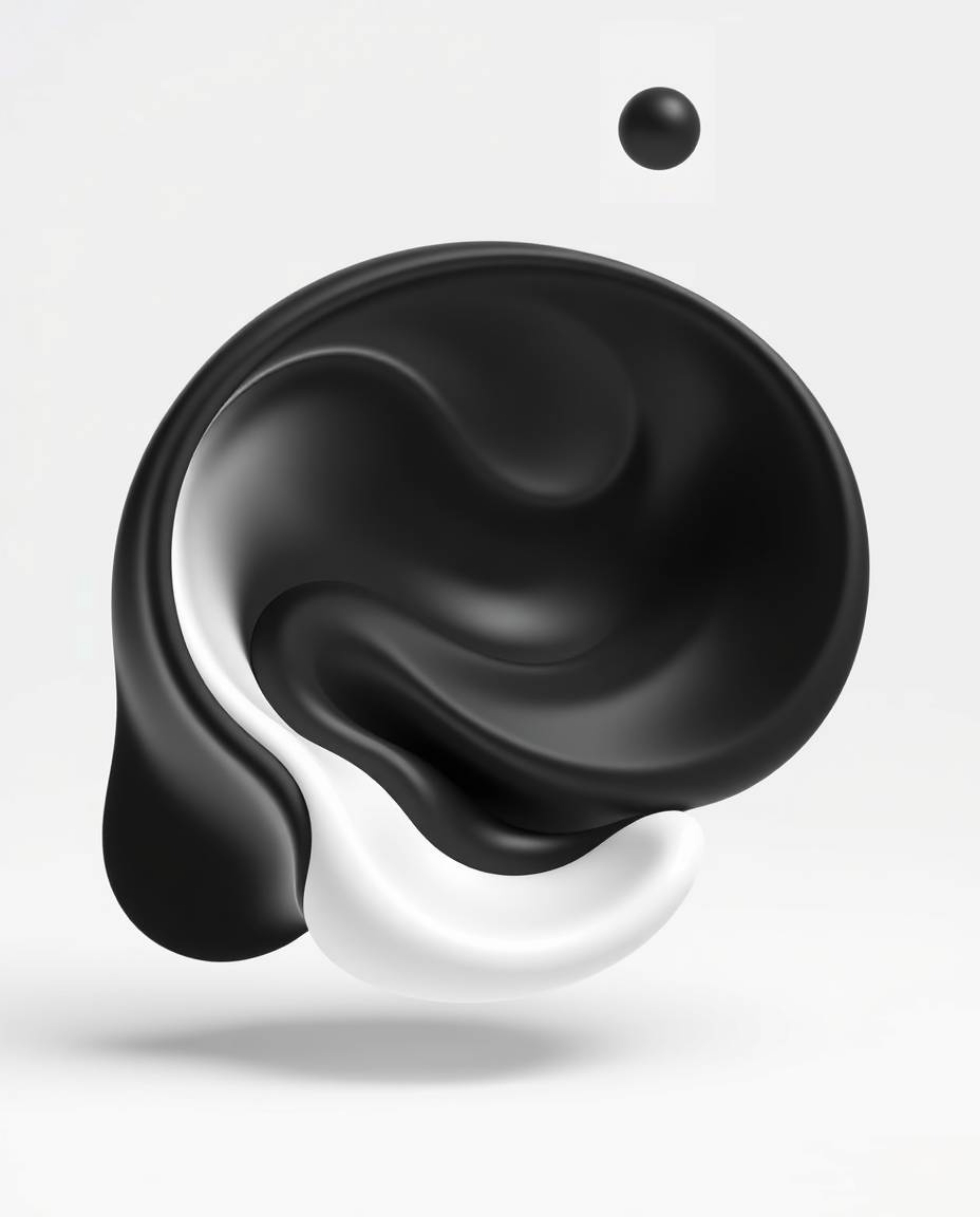 Explore the timeless elegance of classic black and white with smooth 3D fluid shapes floating effortlessly in zero gravity. E