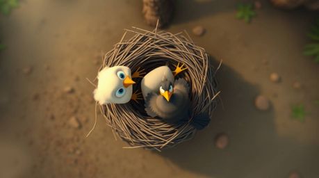 A charming overhead shot depicts two cartoon birds diligently constructing a nest in the style of classic animation.  The sof