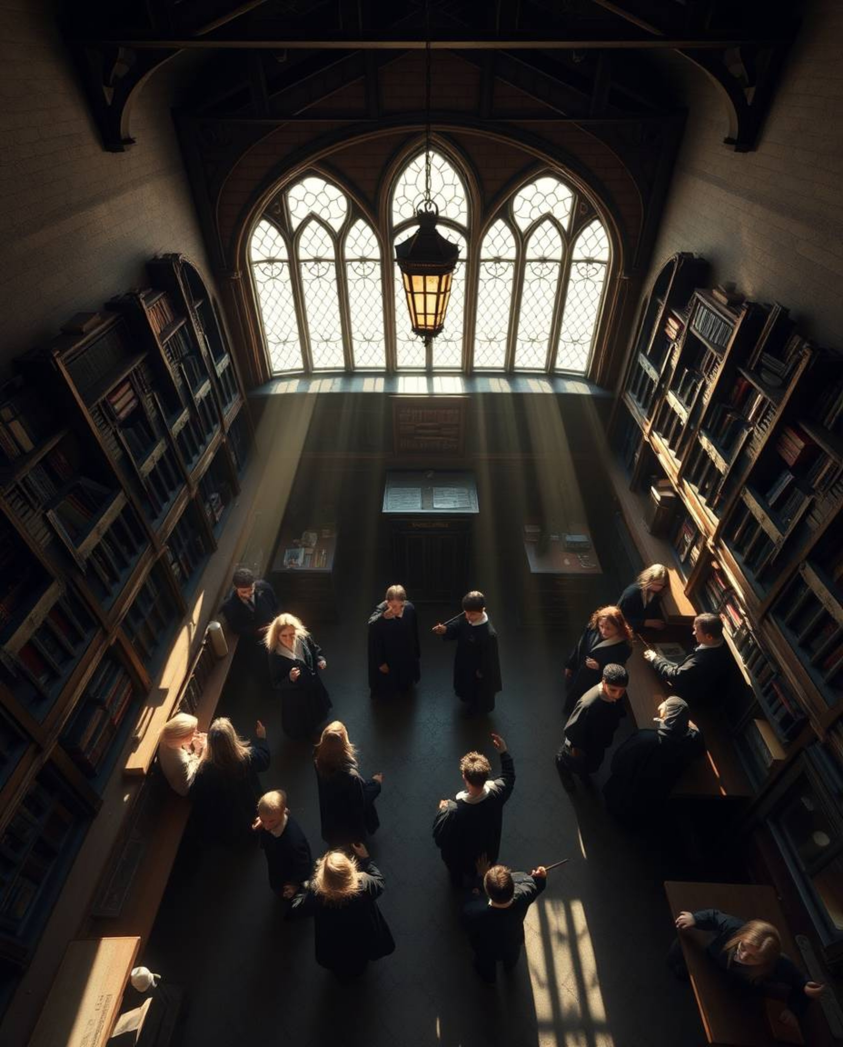 Capture the enchanting world of a magical school brimming with young wizards from a captivating high-angle perspective. This 