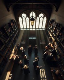 Capture the enchanting world of a magical school brimming with young wizards from a captivating high-angle perspective. This