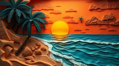 A stunning papier-mâché sculpture captures the dramatic beauty of a tropical beach sunset.  This cinematic-style artwork feat