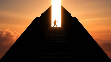 A captivating geometric logo design featuring a lone figure ascending a stone staircase towards a divine beam of light.  The 