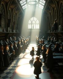 Explore a high-resolution stock photo showcasing a magical school teeming with young wizards. The image is sharply divided in