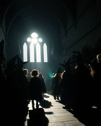 Immerse yourself in a breathtaking scene of a magical school, teeming with young wizards silhouetted against a radiant light 