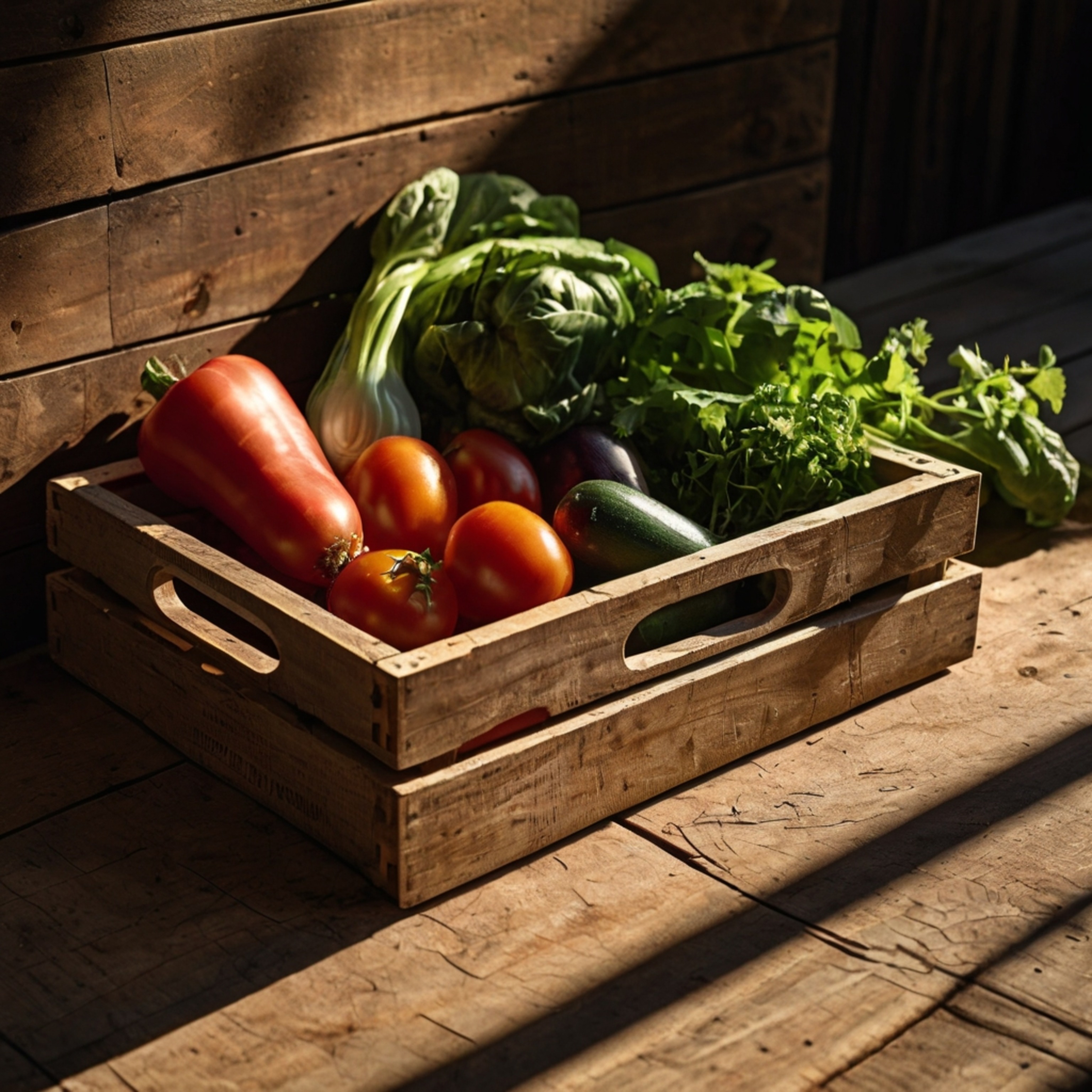 Capture the essence of rustic charm with a wooden crate overflowing with freshly harvested vegetables, bathed in the warm glo