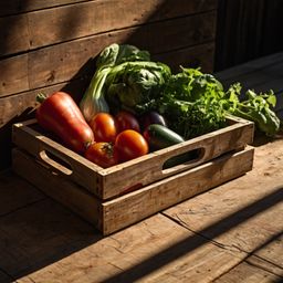Capture the essence of rustic charm with a wooden crate overflowing with freshly harvested vegetables, bathed in the warm glo