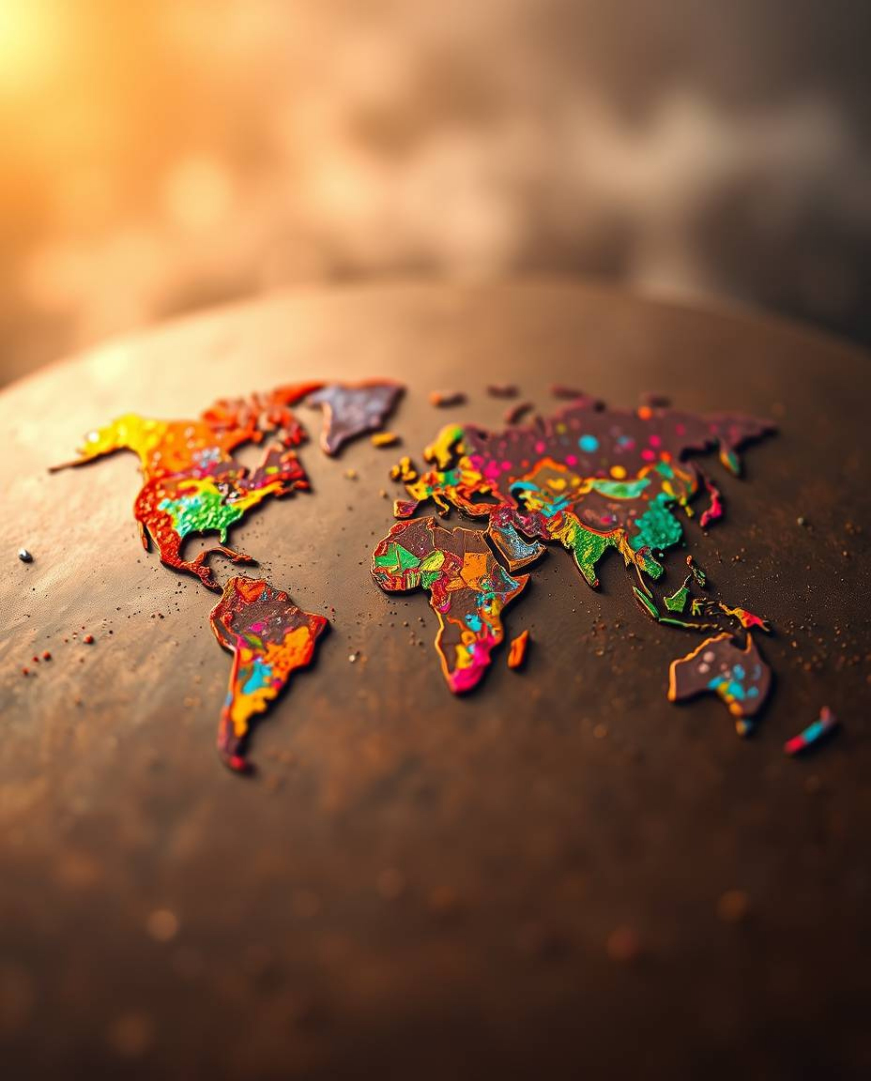 This image features a blurred bokeh effect highlighting bright, colorful splashes that artistically form a world map on a cas