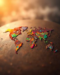 This image features a blurred bokeh effect highlighting bright, colorful splashes that artistically form a world map on a cas