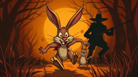 Experience a bizarre and unsettling scene where a wacky rabbit with a mischievous grin outruns a silhouetted hunter in a warm