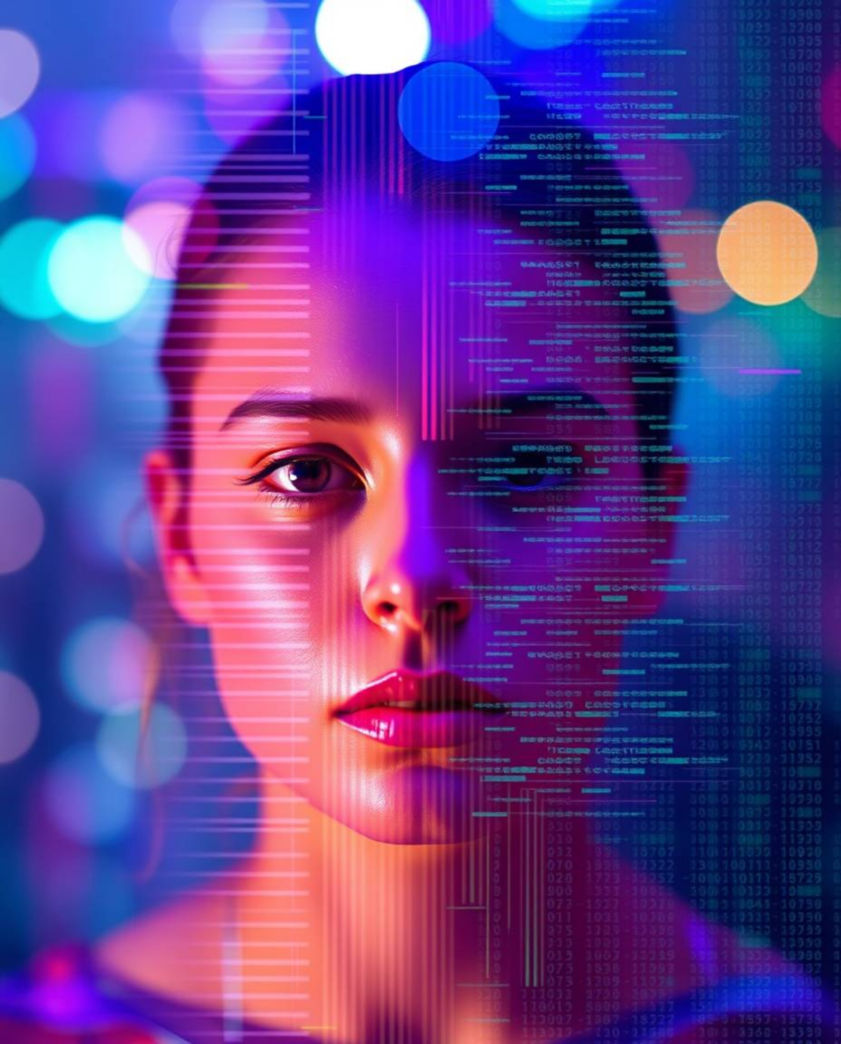 Explore a mesmerizing visual where iridescent colors dance across a blurred bokeh backdrop. A sharply focused human face unde