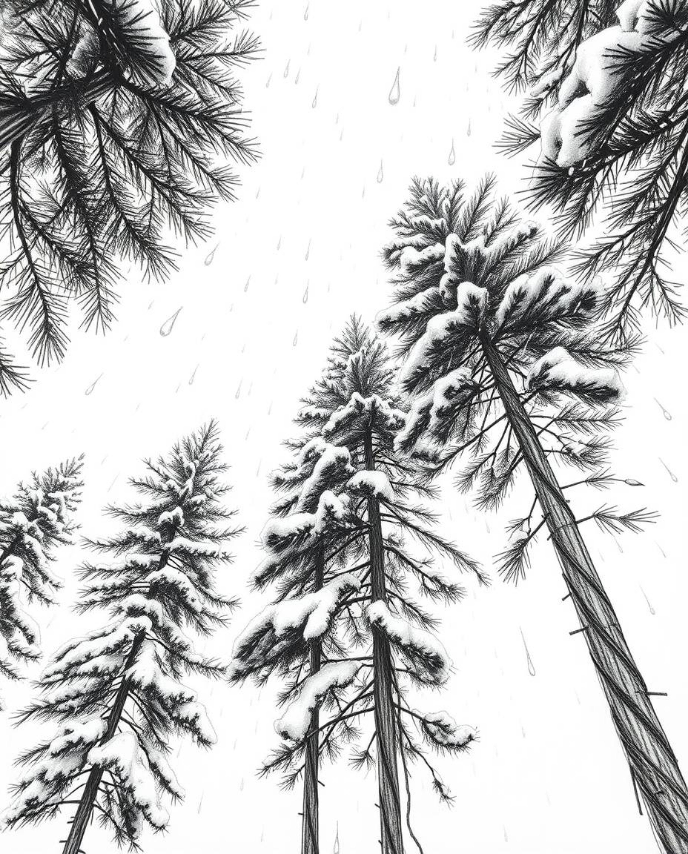 A low-angle, hand-drawn sketch captures a wet scene where drizzling rain reflects on snowy pine trees as sunset light sparkle