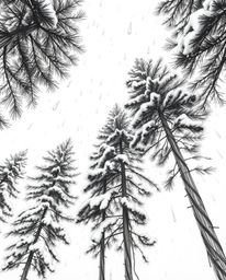A low-angle, hand-drawn sketch captures a wet scene where drizzling rain reflects on snowy pine trees as sunset light sparkle