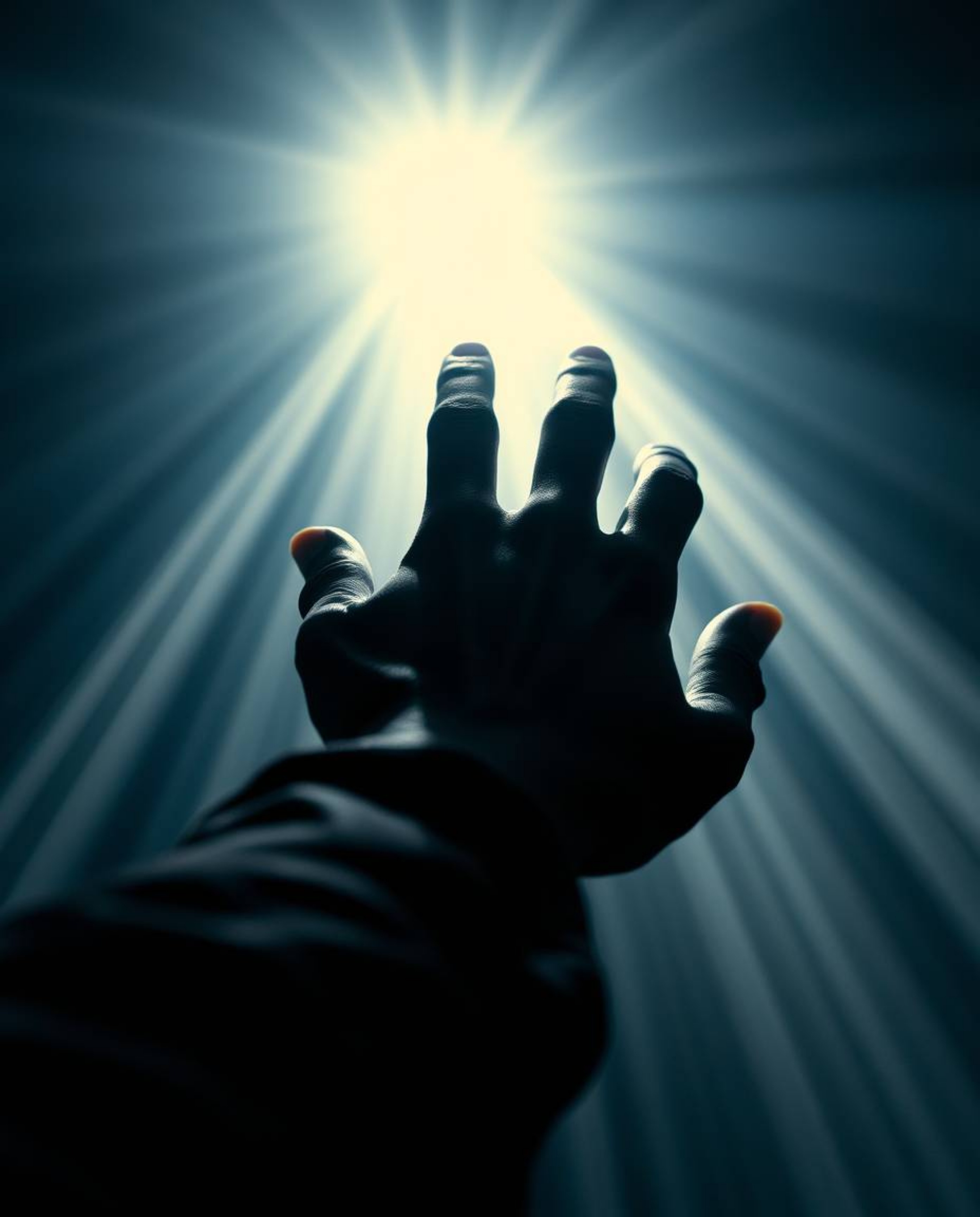 A dramatic scene unfolds with a sculpted hand reaching towards the light from the depths of darkness. This cinematic image, r