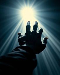 A dramatic scene unfolds with a sculpted hand reaching towards the light from the depths of darkness. This cinematic image, r