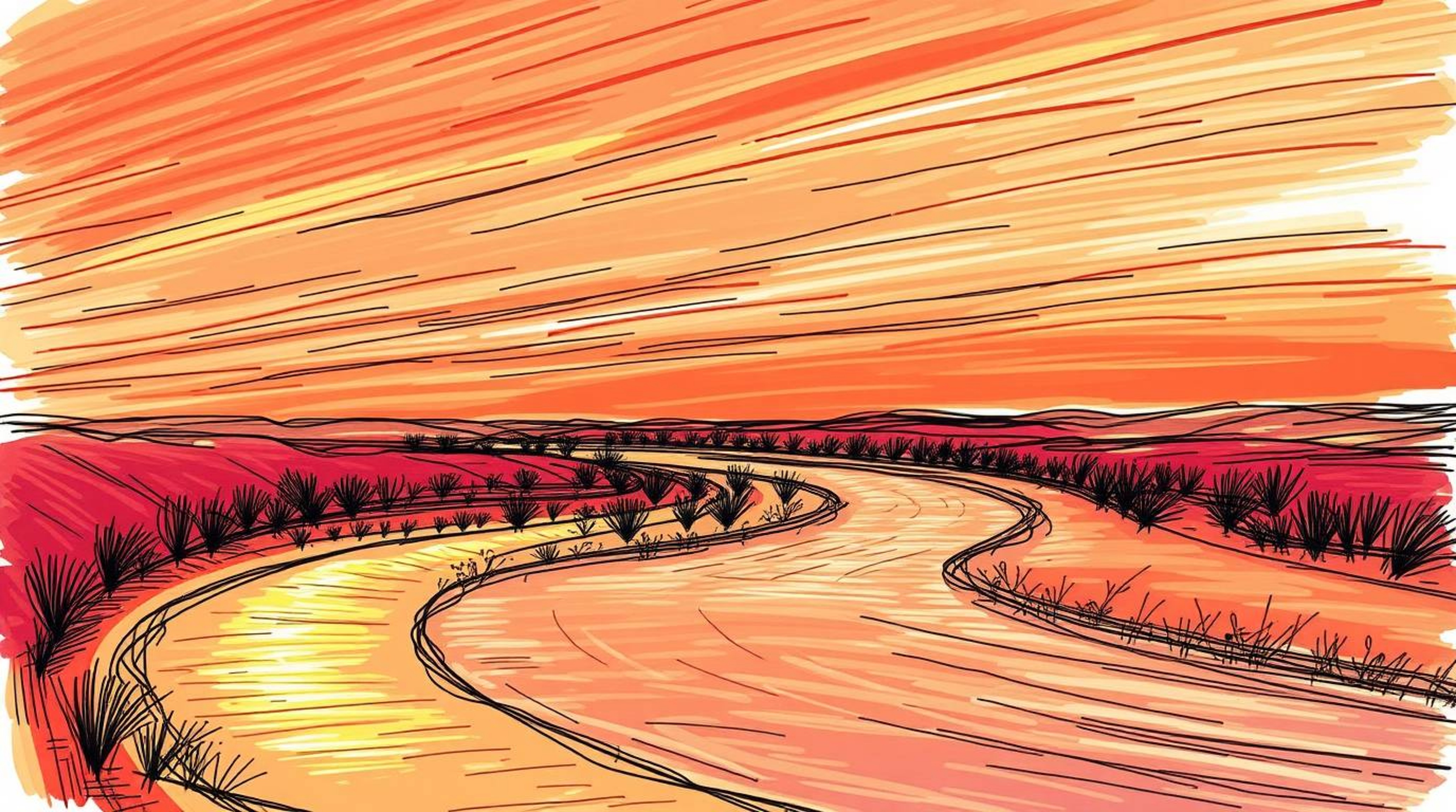 A captivating hand-drawn sketch depicts a winding river illuminated by a dramatic orange-pink sunset.  Rendered in a vibrant 